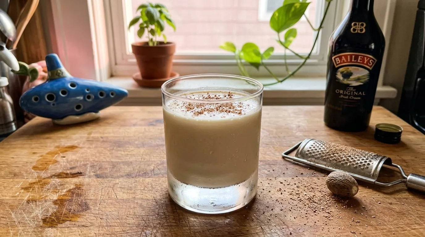 My Hero's Rest — creamy Lon Lon Milk with freshly grated nutmeg, the blue ocarina at the edge of the frame