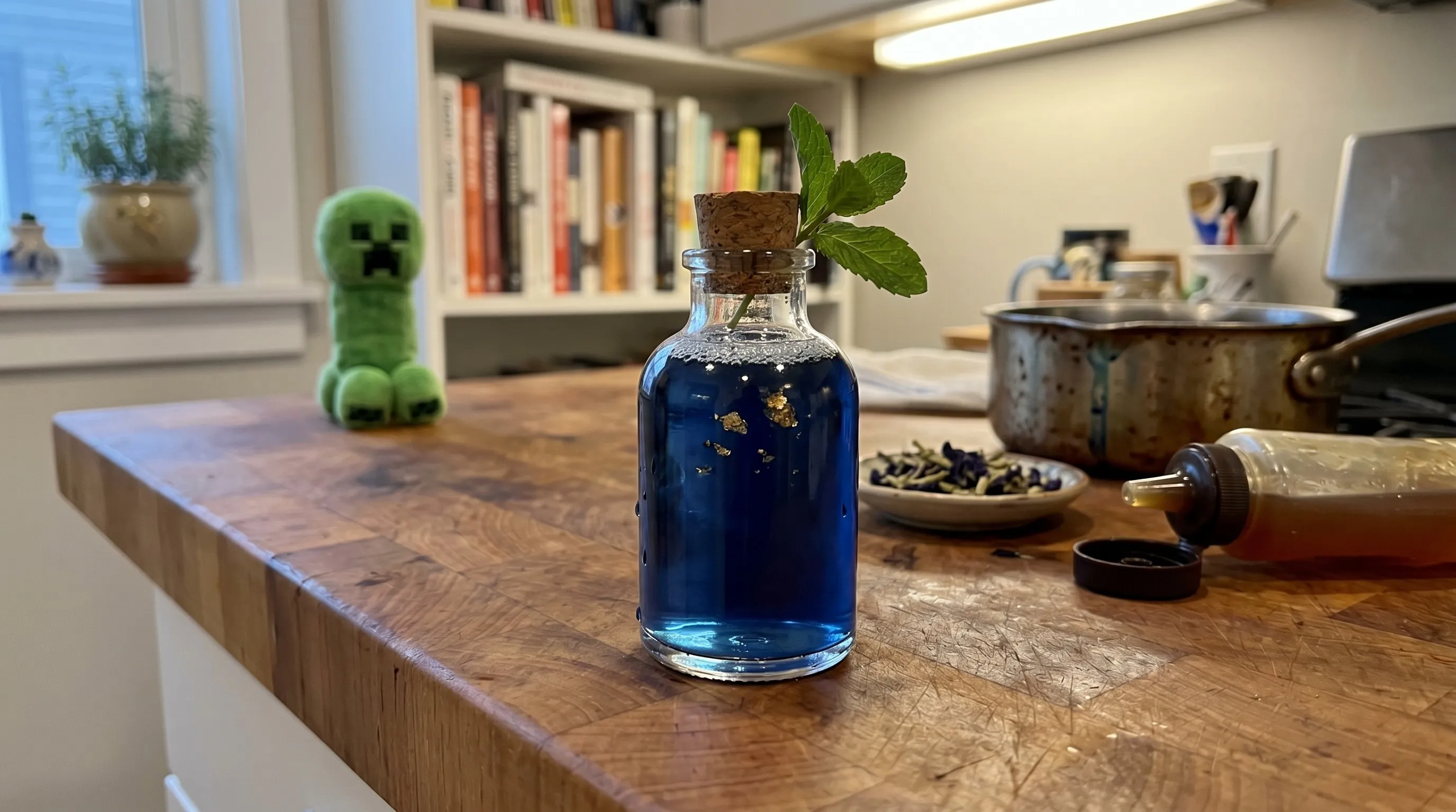 My Caver's Draught — deep indigo flask with gold flakes, a Creeper plush set back at the far edge