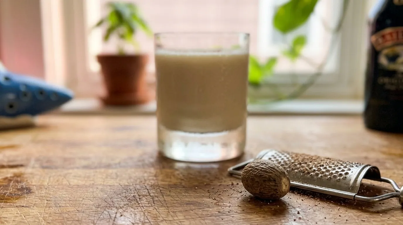 Whole nutmeg and the grater in front, my drink waiting behind