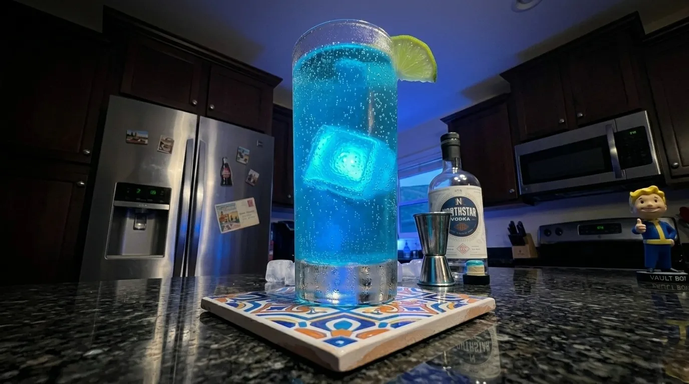Looking up at the glowing blue drink with the Vault Boy bobblehead at the edge
