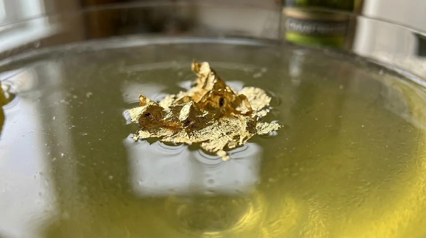 The edible gold leaf floating on top, in close detail