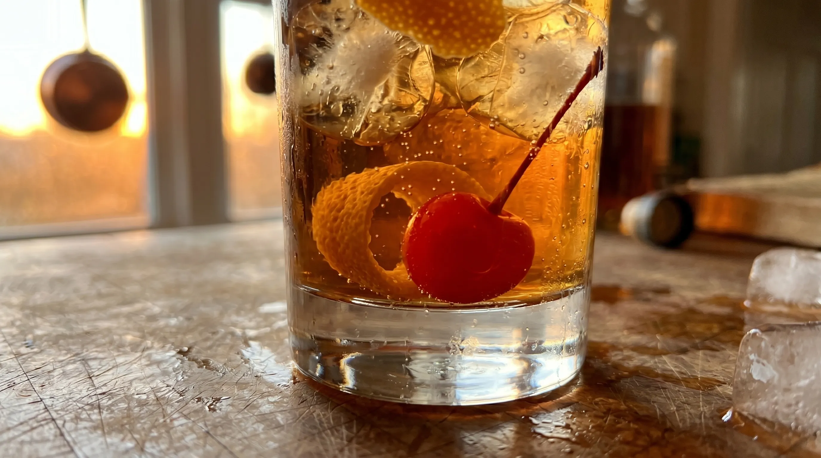 Up close on the cherry and orange peel with the ice all around