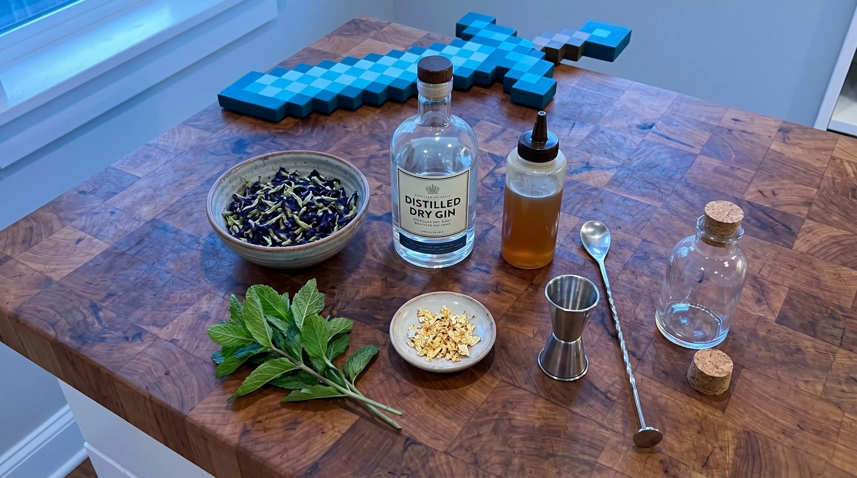 Ingredients laid out — butterfly pea, gin, honey-ginger, and a diamond sword keeping watch