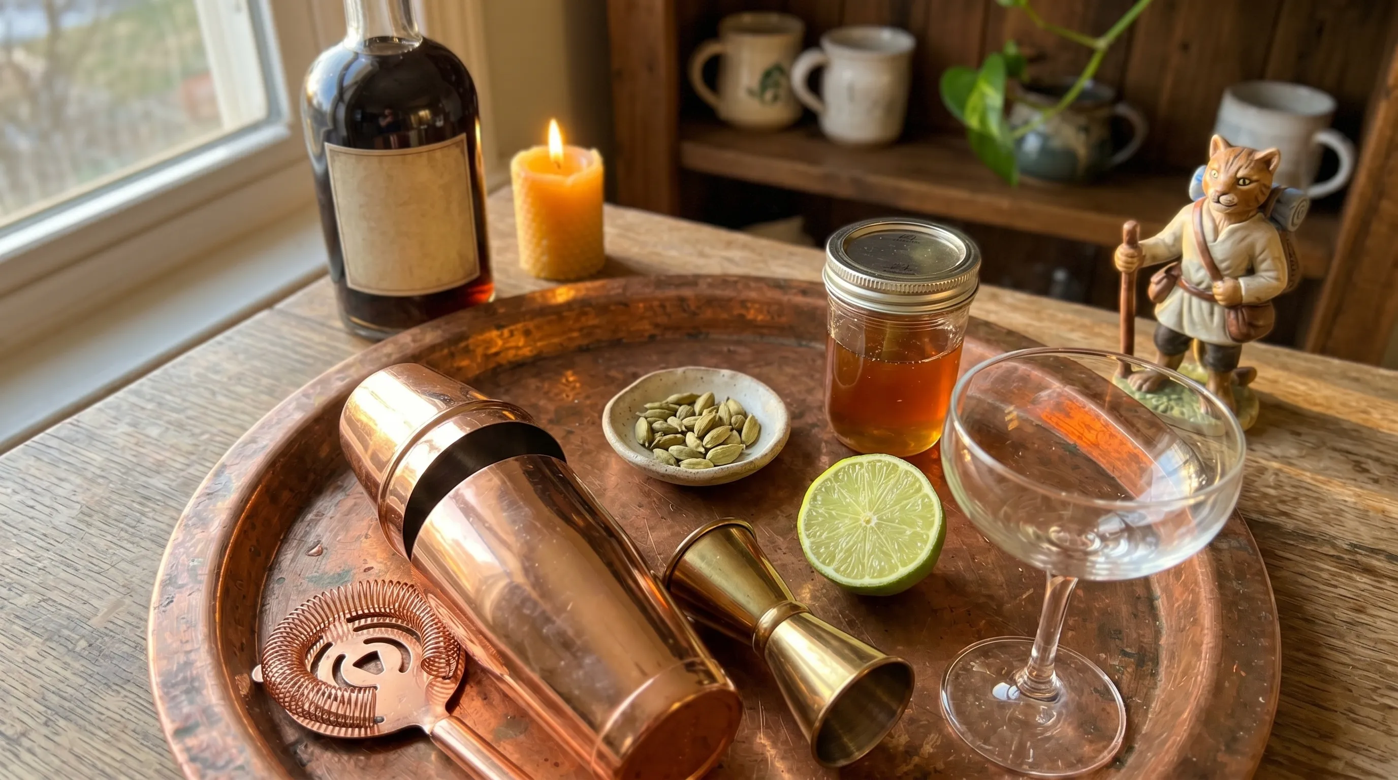 Everything laid out before I began — rum, honey, cardamom, jigger, and an empty coupe