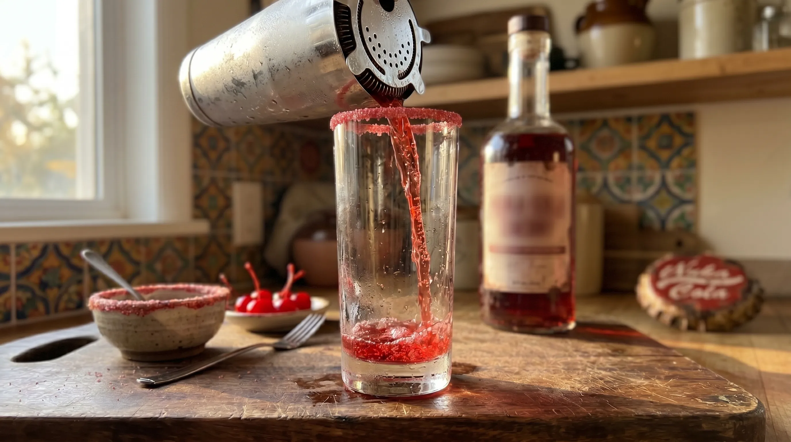 Mid-strain — cherry-red Nuka-Cherry pouring from the shaker into my rimmed glass