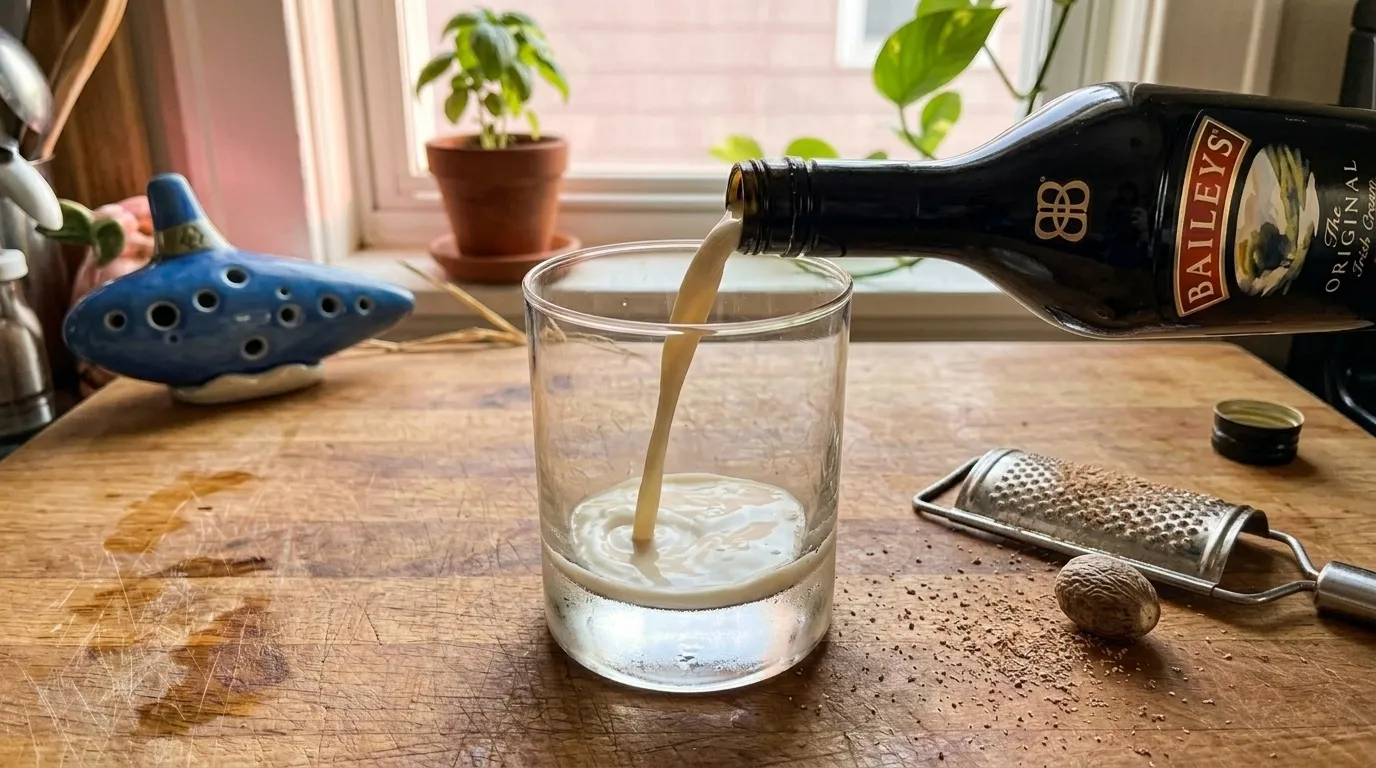 Mid-pour — creamy Lon Lon Milk streaming from the Irish cream bottle into my waiting glass
