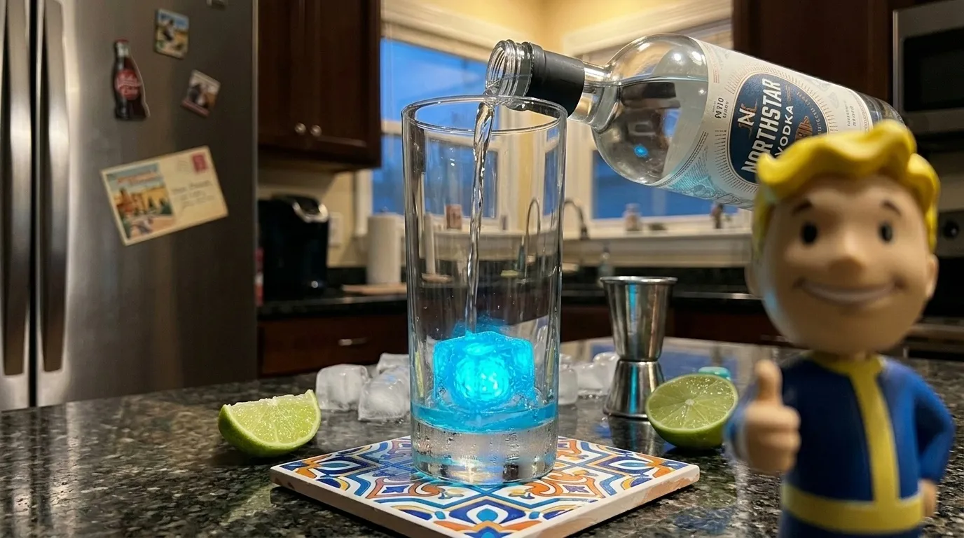 Mid-pour — vodka streaming from the bottle into my glowing-blue glass