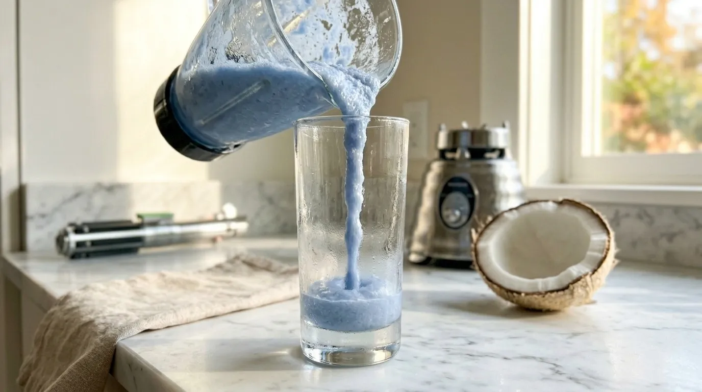 Mid-pour — blue milk streaming from the blender into my waiting tall glass