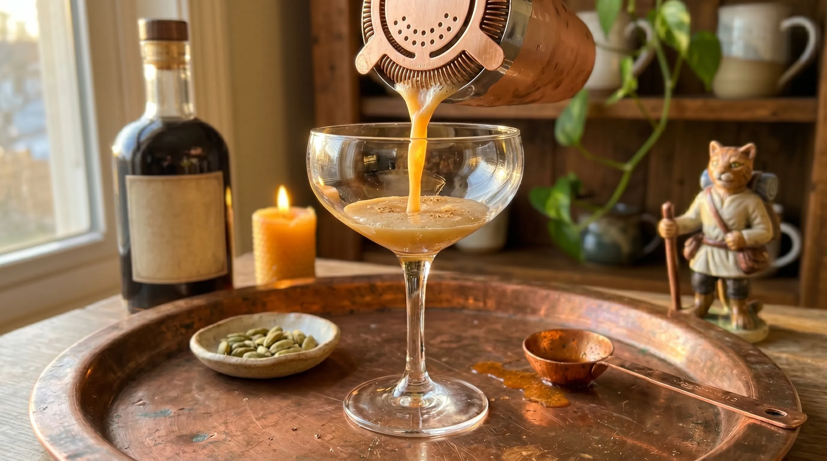 Mid-strain — creamy amber Skooma pouring from the shaker into my waiting coupe