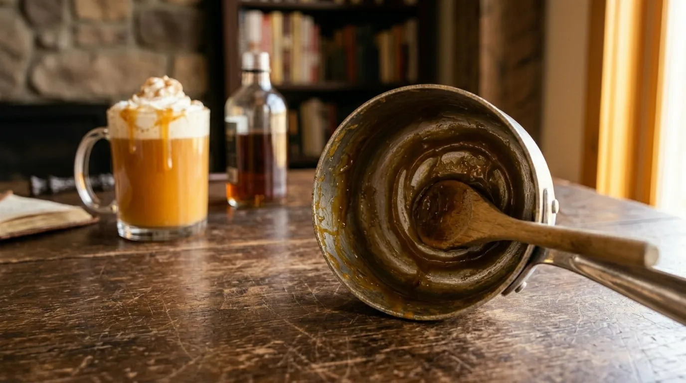 My butterbeer with the still-sticky butterscotch saucepan beside it