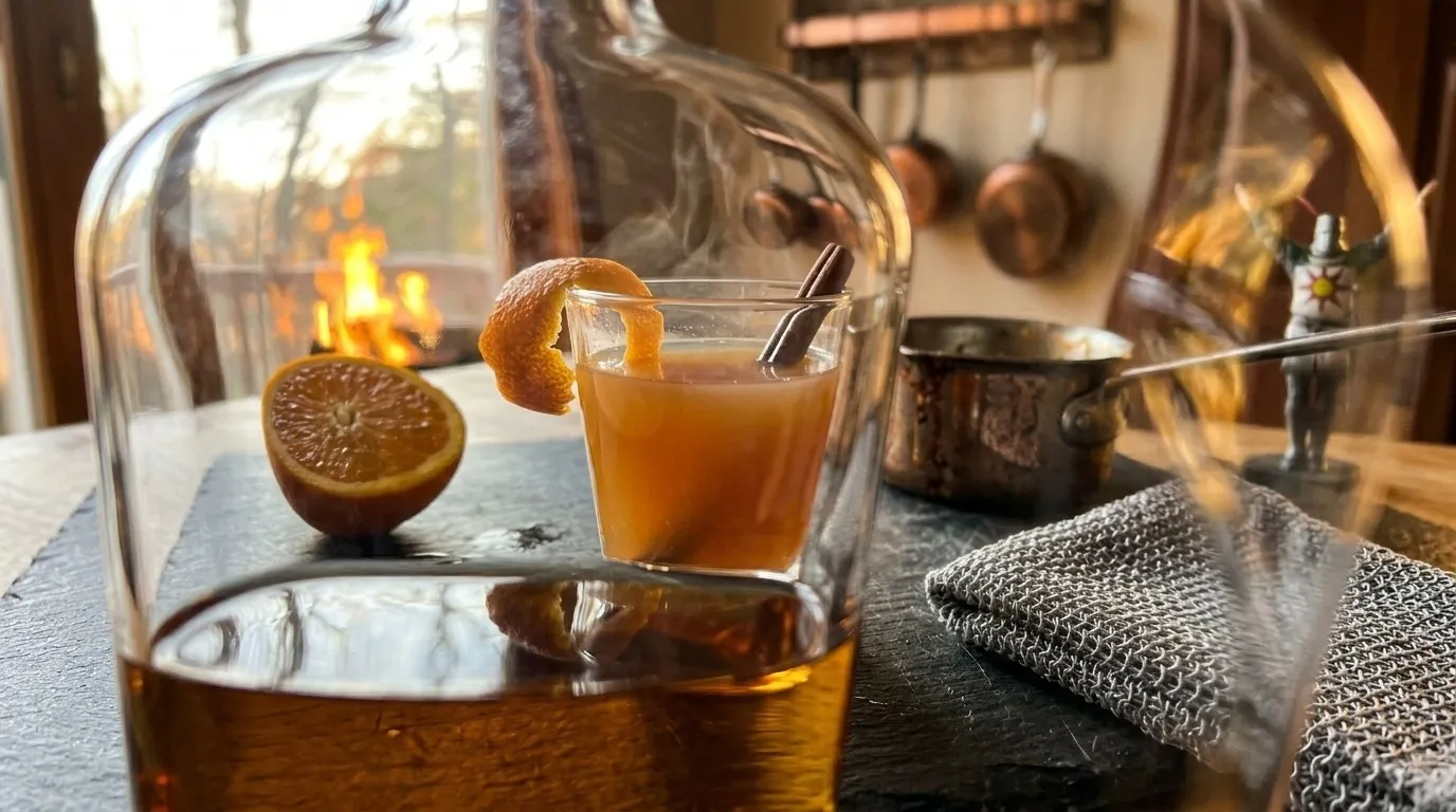 My amber drink seen through the bourbon bottle, a chainmail-textured cloth nearby