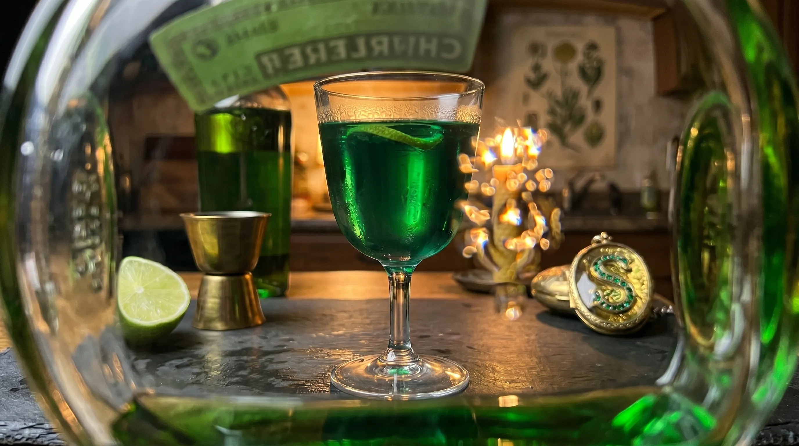 My goblet seen through the Chartreuse bottle, distorted and luminous